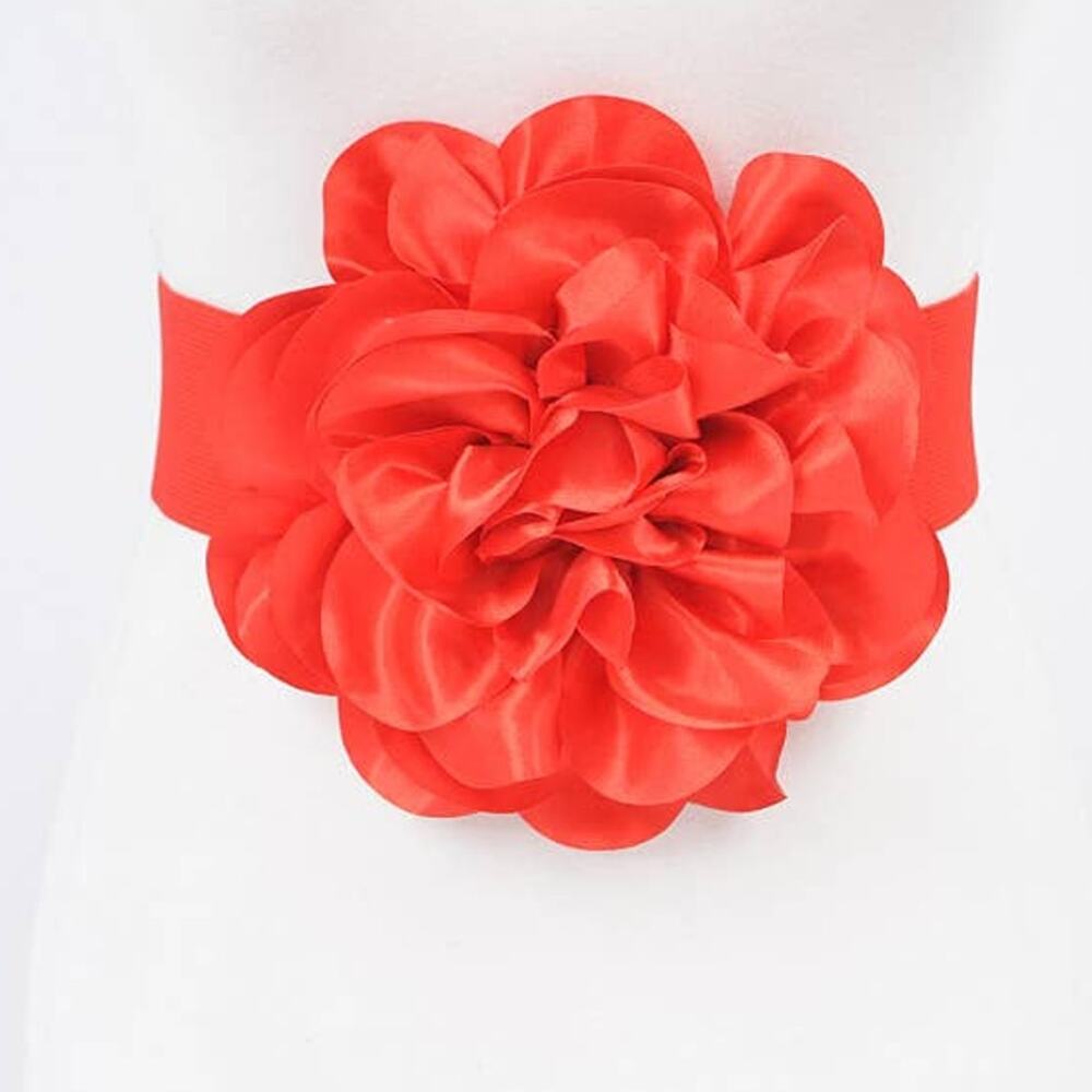 Satin Big Flower Elastic Belt – Red